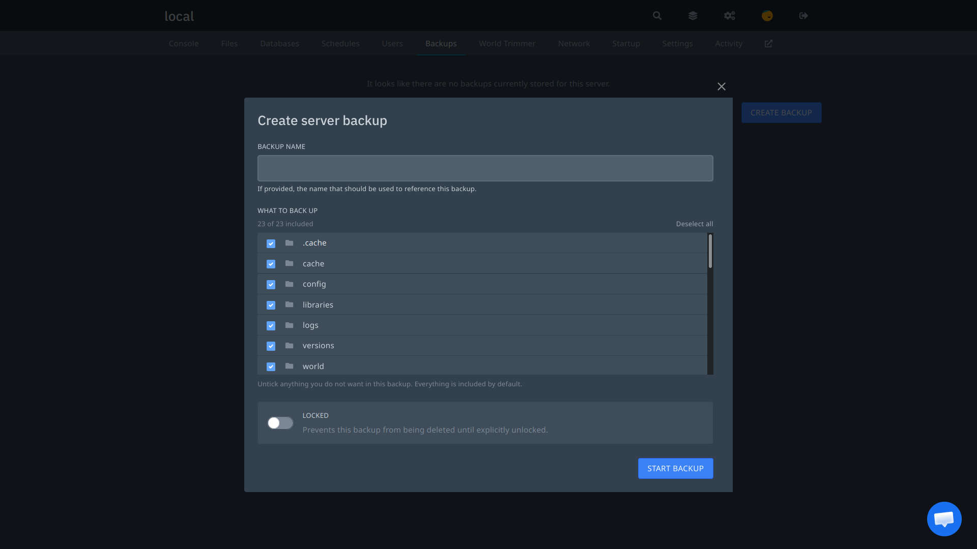 the create backup dialog with the what to back up file tree, every folder ticked