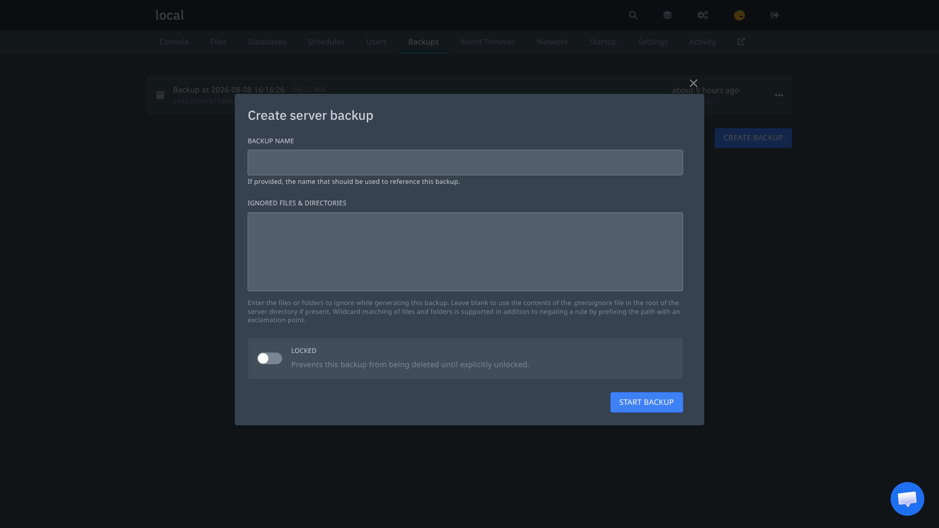 the stock create backup dialog with the empty ignored files textarea